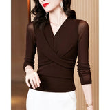 Toloer Shoot New Foreign Style Fashion Versatile V-Neck Long Sleeve Solid Color Temperament Mesh Bottom Shirt T-Shirt-Outfit