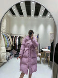 Fashion Waist Hooded Long Down Jacket Female 2024 Winter New Show Thin Three Plate Buckle Warm Coat-Outfit