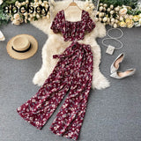 Women Autumn French Boho Floral Suits Square Collar Puff Sleeve Short Tops+High Waist Wide Leg Pants Two Pieces