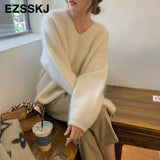 Basic Thick Loose v-neck oversize Sweater Pullover Women Autumn winter Casual long Sleeve Sweater For women Chic Jumpers