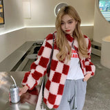 Women Faux Fur Teddy Basic Jackets Plaid Checkerboard Outerwear Coats Female Overcoat Winter Coat Womens Fashion