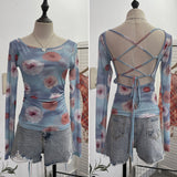 Print Repair Body Clothes Bump Color Mesh Strapd To The Big Bare Back Long-Sleeved Bottom Shirt T-Shirt
