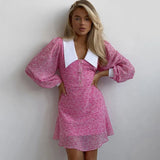 Toloer Early Autumn New Doll Collar Long Sleeves Show Thin A-Line Skirt Temperament Fashion Print Dress-Outfit