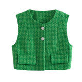 Women Fashion With Bejeweled Button Crop Tweed Waistcoat Vintage O Neck Sleeveless Female Outerwear Chic Vest