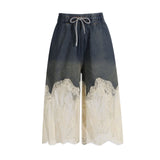 Toloer Female Summer Lace Two-Piece Simple Wind Top Casual Jeans Split Pants Fashion Thin Women's Suit-Outfit