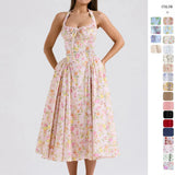New Summer Sling Dress Fashion Print Hanging Neck Lace