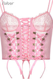 Y2K Kawaii Lace Corset Women Transparent Mesh Patchwork Camisoles Bandage Ruffle Crop Top Party Japanese Tank Top