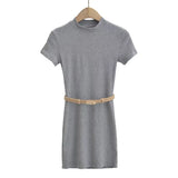 Trendy Women's Dress With High Round Neck And Short Sleeves And A Dress That Is Stylish, Tight And Thin With A Belt And Hip Skirt-Outfit