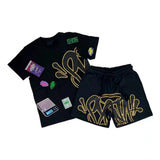 Aesthetics Male Gothic 2-Piece Hip-Hop Alphabet Print 0-Collar T-Shirt + Rope Wide Legs And Short-Outfit