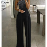 Summer Jumpsuits Rhinestone Cutout Ruched Wide Leg Playsuit Sexy Sleeveless Loose Pants Bodysuit Elegant Long