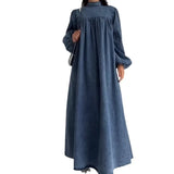 Round-Neck Solid-Colored Casual Long-Sleeved Denim Dress In Fall