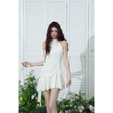 Women 3D White Dress Flower Design Sexy Europe and America Fashion Temperament 2024 NEW Female Sleeveless Solid Dress-Outfit