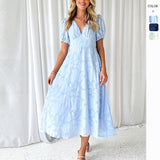 Dress Floral Lace Short-Sleeved High-Waist A-Shaped Flowing Party Mid-Dress
