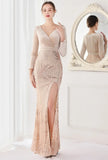 Winter Elegant Velvet With Sequins Deep V Neck Long Sleeve Slit Cocktail Eevening