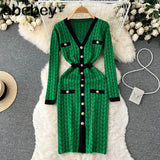 French Plaid Knitted Dress Women V Neck Sweater Sheath Hight Quality Dress Elastic Waist OL Warm Midi Long