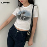 Summer Korean Fashion Crop Tops Kawaii Fairycore Y2k Top Kpop Designer Clothes Cat Print Short Sleeve T-shirt