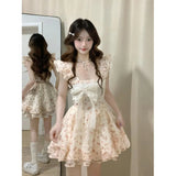 Sweet Little Fresh Bow Flower Dress Women Summer Slimming Splicing A Short