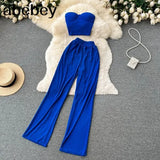 Women Solid Sexy Two Pieces Sets Summer Strapless Slim Camisole + Wide Leg Long Pants Sets Streetwear Two Piece