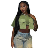 Women's Summer New Fashion Wear Round Neck Short Sleeves Pocket Ultra-Short T-Shirt