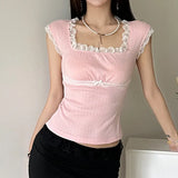 Sweet Lace Lace Stitching Square Collar Slim, Striking Color Short-Sleeved T-Shirt, Girl's Knitted Blouse-Outfit