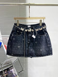 Denim Bow Polka Dot Printed Butterfly Chain Mini Skirt-Outfit