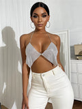 Toloer Women's Nightclub Low Breast Cut Back Flash Diamond Chain Slit Top