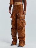Toloer Cargo Pants Fall 2024 New Personality Splicing Loose PU Leather Pants Casual Wide-Leg Pants Women-Outfit