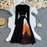 Toloer Knit Splicing Dress Simple Temperament Round Collar Long Sleeve Gradient Slim Thin Long Skirt
