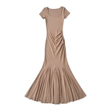 Trendy Women's Dress Small Man Step By Step Lotus Short-Sleeved Dress Square Collar Retro Slim Temperament Fish Tail Long Skirt-Outfit