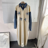 2025 New Cowboy Splicing Knitted Two-Piece Collar Dress Flower Nails Decorated Long Dress