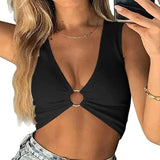 New Waist V-Neck Multi-Color Sexy Hoop Buckle Chest Circle Small Vest Top-Outfit