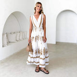 Summer New Positioning Print V-Neck Waist Swing Dress Ladies