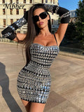 Diamond Print Women’s Sling Straps Mini Dress Sexy Clubwear Slim Female Summer New Trend Midnight Bodycon Slim Vestidos-Outfit