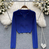 Autumn Knitted Women Short T Shirt Lapel V Neck Slim Long Sleeve Sweater Top Fashion Streerwear Short Solid