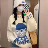 Autumn Little Bear Cute Blue Sweater Women 2021 New O-neck Design All-match Pullovers Korean Loose Lazy Long Sleeve Knitted