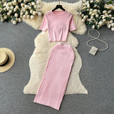 Toloer Hot Girl Suit Female Summer Korean Version Round Collar Knit Short Sleeve Short Jacket High Purse Hip Skirt Two