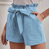 2025 Summer Women's Loose Flax Leisure Shorts Pocket Solid Colored High-Rise Broad