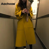 Aachoae Elegant Solid Long Wool Coat Women Batwing Long Sleeve Loose Drop Shoulder Pocket Coat Split Hem Chic Stylish