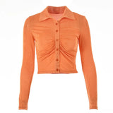 2021 Slim Ruched Ladies Sparkle Shirts Women Sexy Fashion Clothing Button Up Collar Glitter Shirt Long Sleeve Cropped
