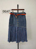 Women's Denim Skirt High Waist Patchwork Irregular Pleated Colored Stripes Long Skirts 2024 Summer New Fashion 29L6536-Outfit