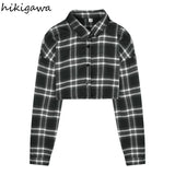 Crop Tops Blouse for Women Korean Casual Plaid Shirts High Waist Long Sleeve Loose Blouses 2023 Blusas Mujer De Moda