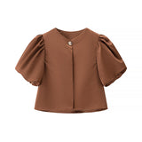 Bubble Sleeve Single-Button Shirt 2025 Spring And Summer Sweet Round Collar Short Top Female