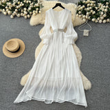High-End Temperament Fashion V-Neck Lantern Sleeve Strap To Close Waistguel Dress Female Elegant Long