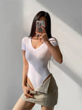 Trend Women's Wear Summer New V-Collar Short-Sleeved Jumpsuit Sexy Tight Open-File Jumpsuit Top-Outfit