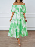 Elegant Printing Shoulder Bubble Sleeve Fashion Dress In