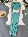 Autumn Fashion Two Pieces Suits V Neck Mini Top+ Hight Waist Slim Long Dress Women Streetwear Solid Knitted