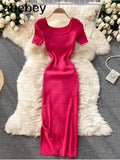 Women Slim Knitted Dress Square Collar Short Sleeve Elastic Bodycon Dresses 2022 Summer Streetwear Sexy Split