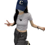 Toloer Girl Butterfly Print Short-Sleeved T-Shirt Female 2024 Summer Slim Slim Short Crop Student Top