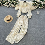 Light Luxury Heavy Lace Splicing Temperament Long-Sleeved Shirt Tight High Waist Thin Broad Leg Trousers Two Sets Of