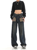 Toloer New Niche Design Contrast Jeans Women's High Street Blue Fur Mop Wide Leg
